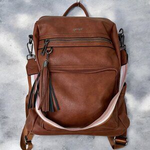 Opage Brown Smooth Vegan Leather Backpack Purse Zipper Closure Detachable Strap